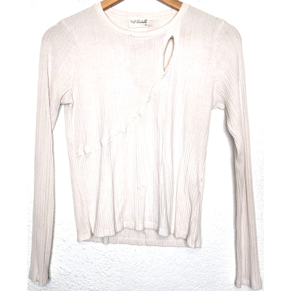 Naelle Top Womens Medium Ivory Knit Ribbed Cut Out Basic Edgy Minimalist Stretch - Picture 1 of 8